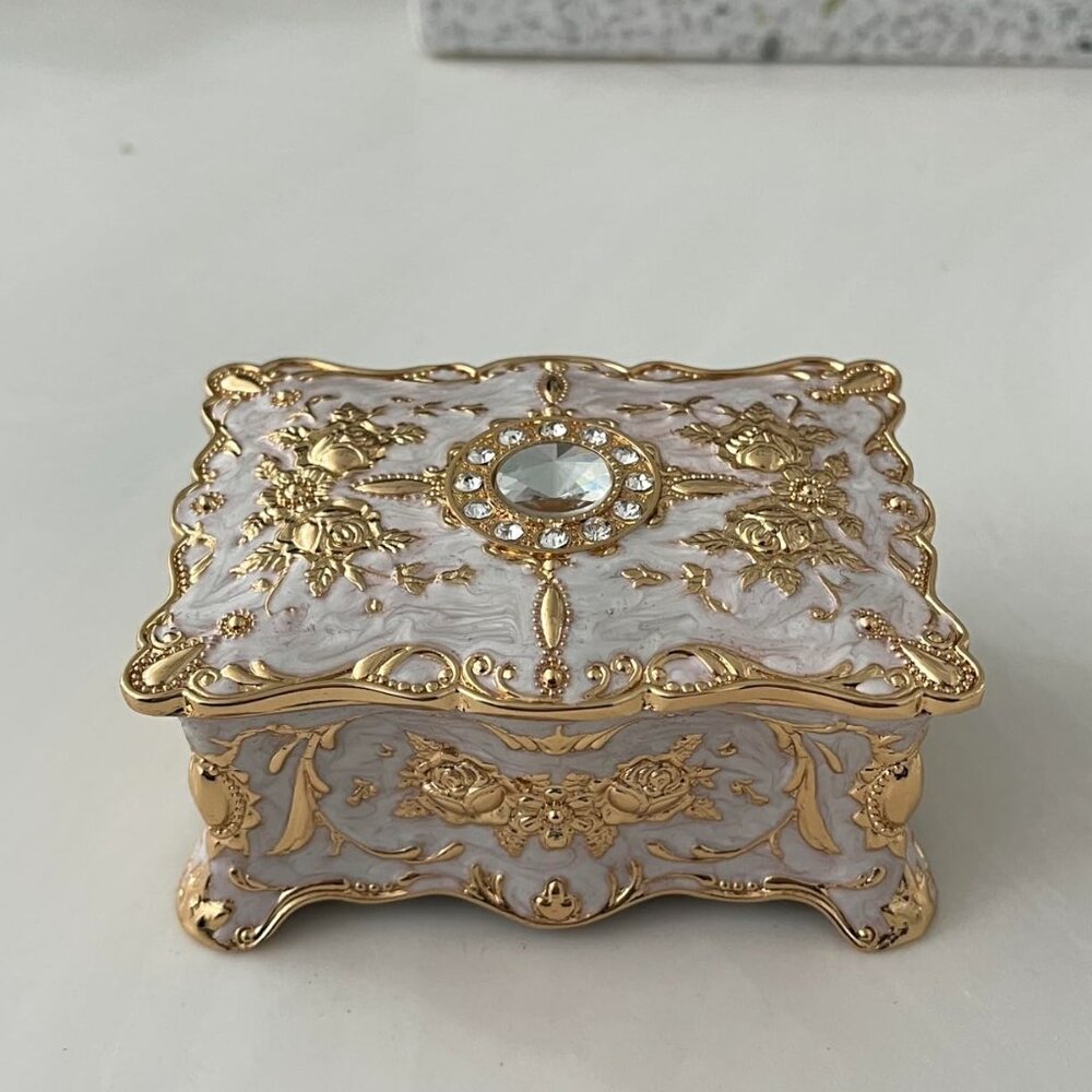 Vintage Jewelry Box, Small Enameled Trinket Box Organizer Rectangular